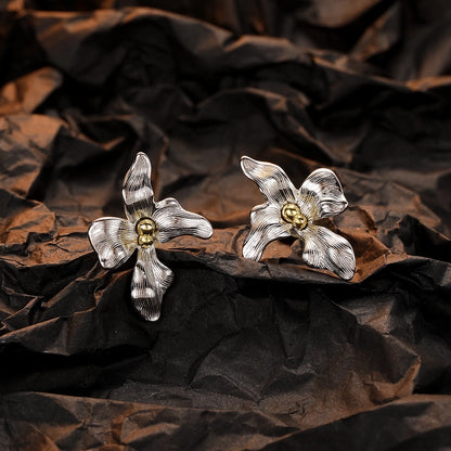 Sterling Silver Leaf Flower Ear Studs | 24K Gold Plated Women's Jewelry