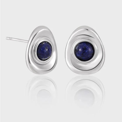 925 Sterling Silver Geometric Oval Lapis Stud Earrings | Minimalist Elegant Design for Women