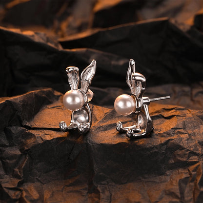 S925 Sterling Silver Rabbit Stud Earrings with Shell Pearls | Unique Zodiac Animal Design for Women