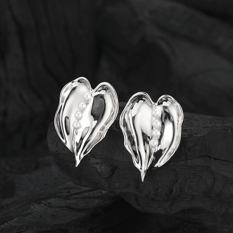 Sterling Silver Pearl Leaf Ear Studs | Elegant Nature-Inspired Earrings