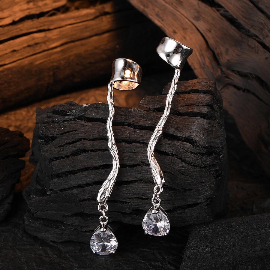 S925 Sterling Silver Long Skin Texture Stud Earrings | Graceful Zircon Water Drop Design for Women