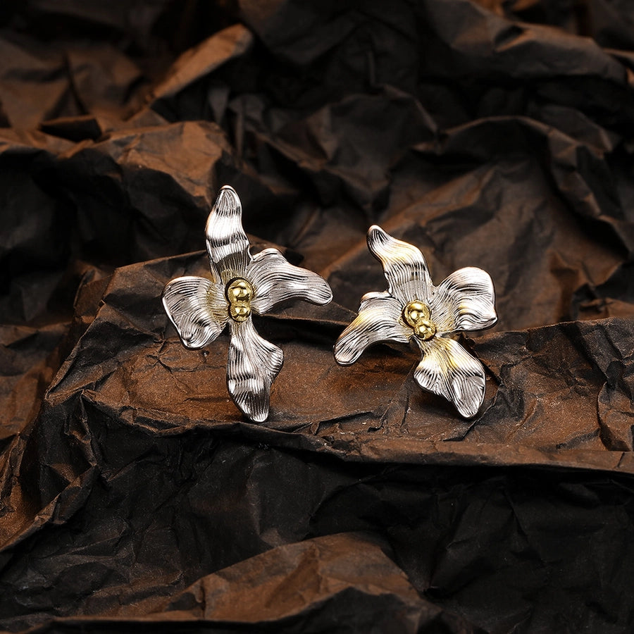 Sterling Silver Leaf Flower Ear Studs | 24K Gold Plated Women's Jewelry