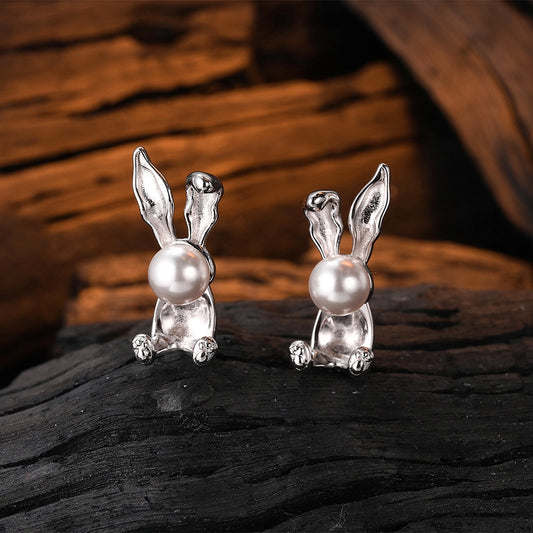 S925 Sterling Silver Rabbit Stud Earrings with Shell Pearls | Unique Zodiac Animal Design for Women