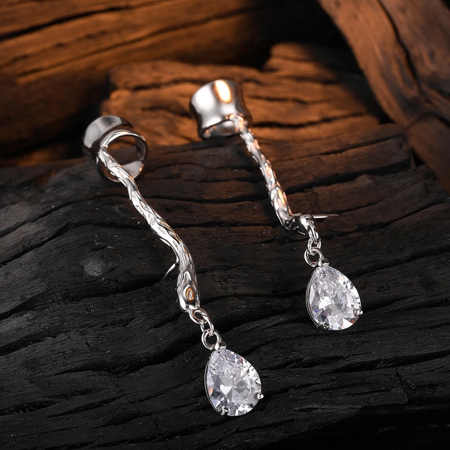 S925 Sterling Silver Long Skin Texture Stud Earrings | Graceful Zircon Water Drop Design for Women