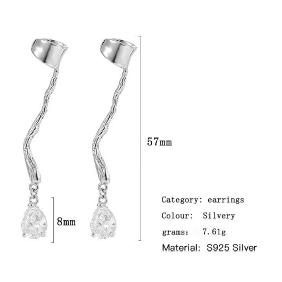 S925 Sterling Silver Long Skin Texture Stud Earrings | Graceful Zircon Water Drop Design for Women