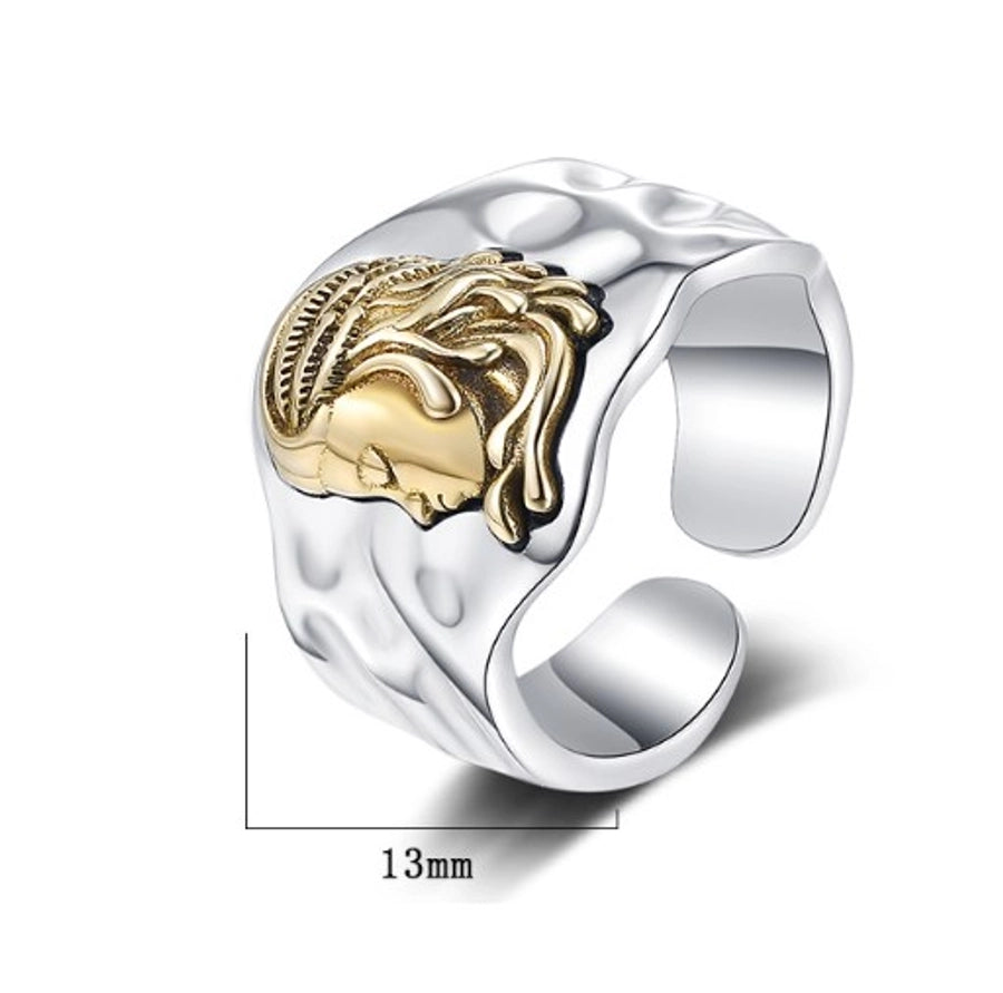 Casual Human Face Sterling Silver Open Ring | 24K Gold-Plated & White Gold-Plated Statement Jewelry