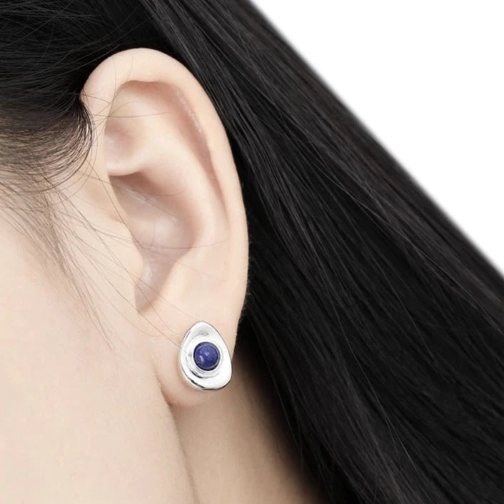 925 Sterling Silver Geometric Oval Lapis Stud Earrings | Minimalist Elegant Design for Women