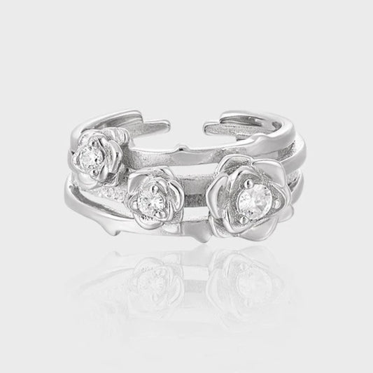 IG Style Flower Open Ring | Sterling Silver Zircon White Gold Plated Women's Jewelry