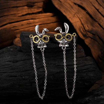 S925 Sterling Silver Gold Glasses Rabbit Stud Earrings | Retro High-Grade Personality Jewelry for Women