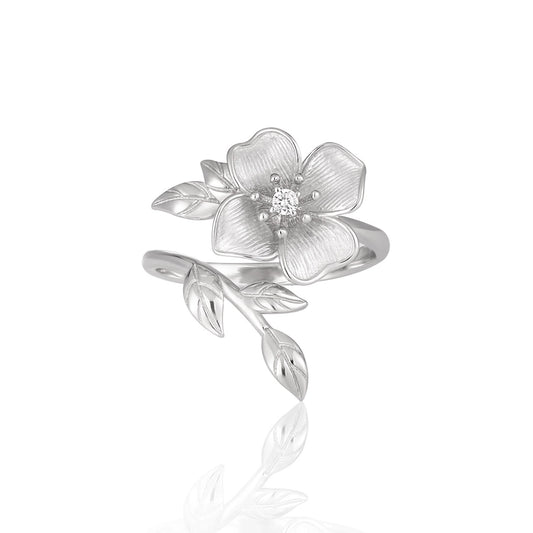 Flower Design White Gold Plated Sterling Silver Zircon Open Ring | Adjustable Women's Jewelry