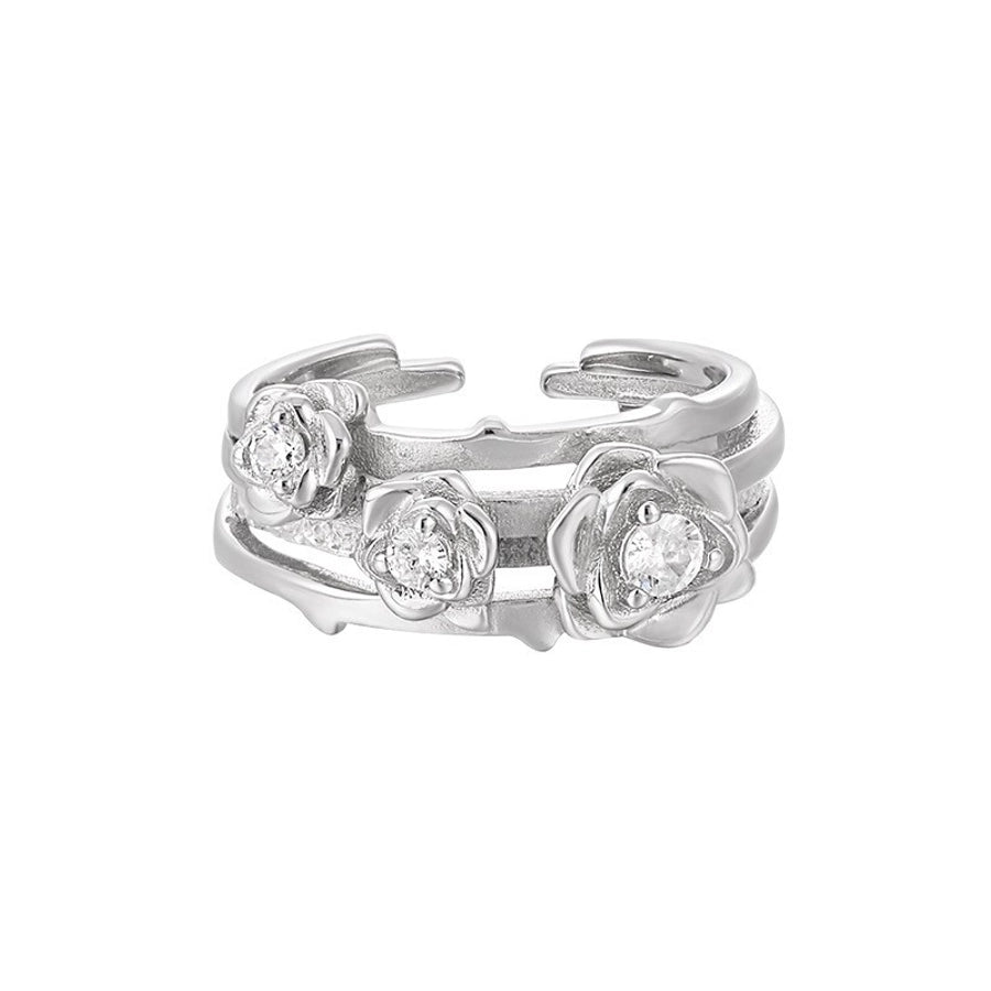 IG Style Flower Open Ring | Sterling Silver Zircon White Gold Plated Women's Jewelry