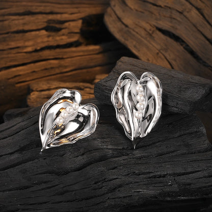 Sterling Silver Pearl Leaf Ear Studs | Elegant Nature-Inspired Earrings